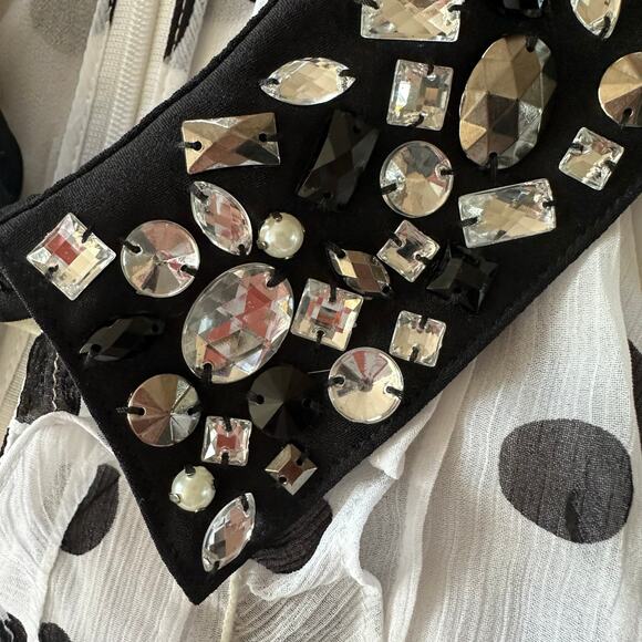 NWT WHBM White w/Black Polka Dot Chiffon Shirt Removable Rhinestone Collar Sz 0 - Picture 4 of 11